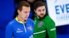 Team Alberta skip Brendan Bottcher, right, contemplates a shot as Team Saskatchewan skip Matt Dunstone looks on during the semifinal at the Canadian men's curling championship in Calgary on March 14, 2021.THE CANADIAN PRESS/Jeff McIntosh