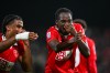 Eddy Kouadio of AC Monza celebrates scoring their side's first goal of the game during the Italian Serie A soccer match between AC Monza and Cagliari Calcio in Monza, Italy, Monday, Oct. 19, 2026. (Tiziano Ballabio/LaPresse via AP)