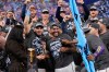 Tampa Bay Rays pitcher Freddy Peralta celebrates after their win against the Cleveland Guardians in Game 6 of an American League Championship Series baseball game in St. Petersburg, Fla. Monday, Oct. 19, 2026. (AP Photo/David J. Phillip)
