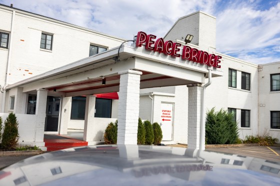 A sign is displayed for Peace Bridge Place apartments that have Viridi's lithium-ion battery energy storage system in Buffalo, N.Y. (Lauren Petracca / The Associated Press)