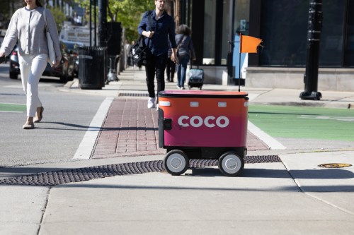 A Coco Delivery Robot sits in Chicago’s Lakeview neighborhood on April 22, 2026. (Jeremy Battle/Block Club Chicago via AP)