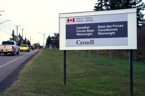 The entrance to Canadian Forces Base Wainwright is seen Monday, Oct. 19, 2026, in Alberta, Canada. (AP Photo/Ty O'Neil)