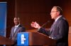 Wisconsin Democratic gubernatorial nominee David Crowley, left, listens as Wisconsin Republican gubernatorial nominee Tom Tiffany speaks during a debate at Marquette University Law School, Wednesday, Oct. 21, 2026, in Milwaukee. (AP Photo/Lizzy Larson)