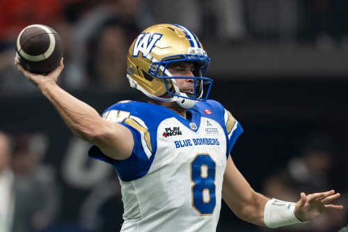 Winnipeg Blue Bombers quarterback Zach Collaros (8) throws the ball against the B.C. Lions during the first half of a CFL game in Vancouver on Friday, Oct. 23, 2026. THE CANADIAN PRESS/Ethan Cairns