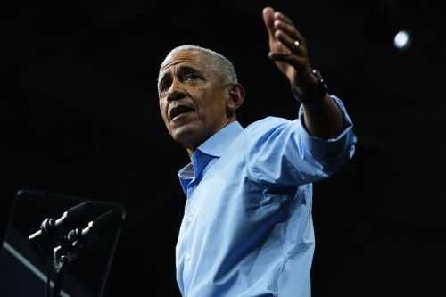 Former President Barack Obama, speaks to supporters during a campaign rally at Cass Technical High School Saturday, Oct. 24, 2026, in Detroit. (AP Photo/Paul Sancya)