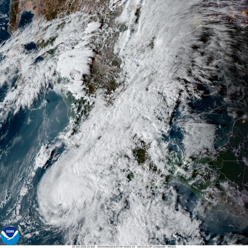 This satellite image from the National Oceanic and Atmospheric Administration shows Tropical Storm Vance churning off southwest Mexico's Pacific coast, at 6:40 p.m. ET (EDT) on Sunday, Oct. 25, 2026. (NOAA via AP)