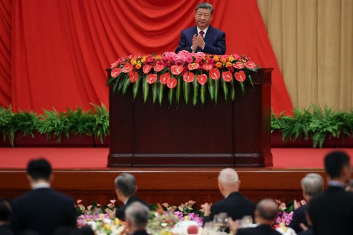 Chinese President Xi Jinping delivers a speech at the National Day reception on the eve of the 77th founding anniversary of the People's Republic of China, at the Great Hall of the People in Beijing, China, Wednesday, Sept. 30, 2026. (Florence Lo/Pool Photo via AP)