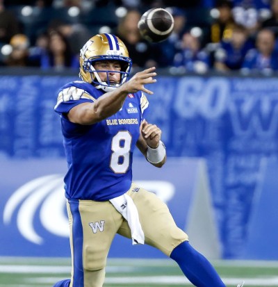 Winnipeg Blue Bombers quarterback Zach Collaros (8) throws against the Calgary Stampeders during second half CFL football action in Winnipeg on Saturday, Oct. 10, 2026. THE CANADIAN PRESS/John Woods